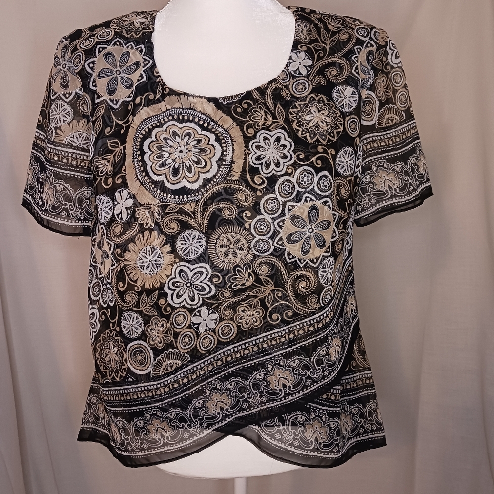 Coldwater Creek Black and Cream Floral Elegant Blouse